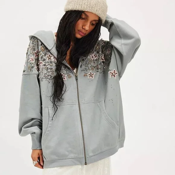 FREE PEOPLE Glitter Oversized Embellished Hoodie NWT - Picture 1 of 16